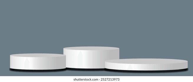 Three minimalist white pedestals arranged on a muted gray background, showcasing balance and simplicity in design.