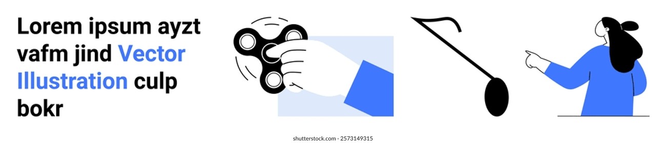 Three minimalistic objects on white background include text, hand holding spinner, abstract line, and person. Ideal for modern design, creativity, abstract art, minimalist style, advertising. Banner