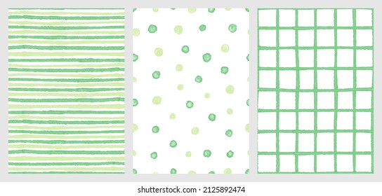 Three minimalistic vector patterns on the theme of spring, Easter, childhood. Cute seamless backgrounds in watercolor style for kids, toddlers, textiles, fabrics, wrappers, covers, postcards, decor