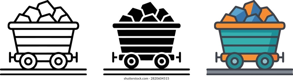 Three mining carts filled with colorful rocks and coal illustration