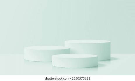 Three mint green cylindrical product podiums with reflection, on a pastel background. 3d geometrical stage for cosmetic and advertising.