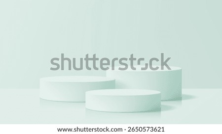 Three mint green cylindrical product podiums with reflection, on a pastel background. 3d geometrical stage for cosmetic and advertising.