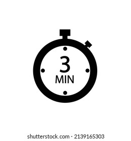Icono de tres minutos. Símbolo de las etiquetas del producto. Usos diferentes como el tiempo de cocción, el tiempo de aplicación cosmética o química, el tiempo de espera.