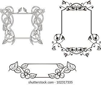 Three miscellaneous decorative frames and ornamental panel Vector vinyl-ready EPS Illustration, black and white sketches