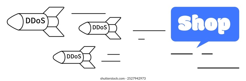 Tres misiles etiquetados como DDoS se acercan a una tienda etiquetada como burbuja de discurso. Ideal para educación en seguridad cibernética protección de tiendas en línea ciberamenazas ataques maliciosos y contenido de seguridad de la red. Vector simple