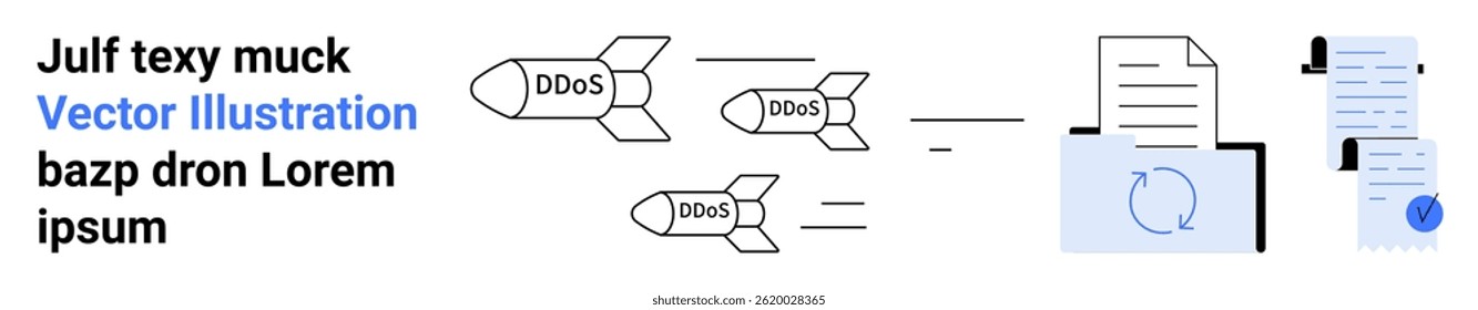 Three missiles labeled DDoS heading toward a file icon with security symbol, emphasizing cyber attack. Ideal for cybersecurity, web safety, IT, network protection, online security, data protection