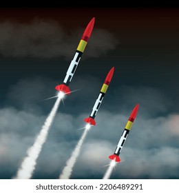 Three missiles launch against dark sky with clouds realistic composition vector illustration
