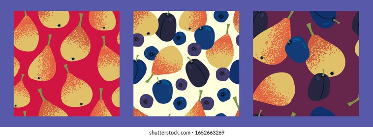 three mix fruit seamless pattern with juicy yellow-orange pears, blueberries, bilberry and plums on a light background. Modern abstract design for paper, cover, fabric, interior decor