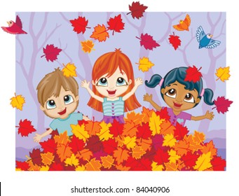 Three mixed race kids playing in a pile of colorful Fall leaves