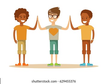 Three mixed-race Young boy giving each other a high five. Cartoon character illustration Isolated on white background. Stock vector for poster, greeting card, website, ad.