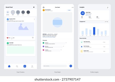 Three mobile app interface designs featuring a social media timeline, a post detail view with comments, and a profile analytics dashboard with engagement bar charts and activity.