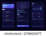 Three mobile app interface screens for a charity donation platform showing a dashboard, campaign details, and impact analytics with a dark theme and blue gradient accents.