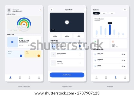 Three mobile app screens showing a fitness dashboard with activity rings, a workout detail page with exercise lists, and an analytics page with performance statistics and charts.