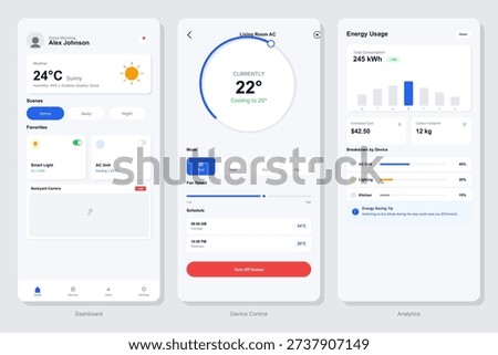 Three mobile app screens showing a smart home management interface with a dashboard, air conditioning controls, and energy usage analytics displayed on a clean white background.