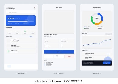 Three mobile app user interface screens for cloud storage management including a dashboard with usage stats, file details with metadata, and an analytics page with charts and graphs.