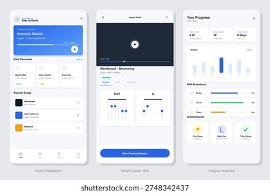 Three mobile application screens showing a guitar learning interface with a dashboard, lesson details including chord diagrams, and user progress analytics with charts.
