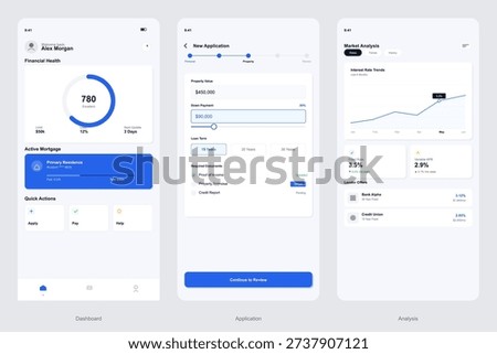 Three mobile application screens showing a financial dashboard, a mortgage application form, and market analysis charts for real estate investment and personal finance management.