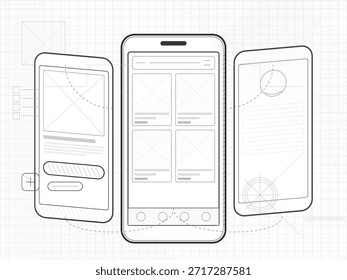 Three mobile device outlines display wireframe designs for app interfaces. Each device features different layout plans for user interaction and navigation.