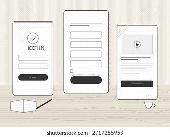 Três dispositivos móveis mostram telas de login e formulários em uma mesa de madeira. Uma xícara e uma máscara de papel estão ao lado dos dispositivos. A configuração sugere um espaço de trabalho ou escritório doméstico.