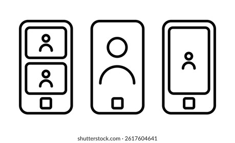 Three mobile phone outlines display variations of user profile interfaces in a minimalist design with simple icons.