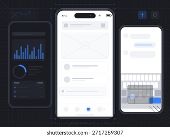Es werden drei Bildschirmdesigns für Mobiltelefone angezeigt, die verschiedene App-Funktionen wie Nachrichten, Diagramme und Schaltflächen auf dunklem Rasterhintergrund zeigen. Interaktionselemente sind klar definiert.