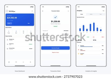 Three mobile phone screens display a financial application interface featuring a home dashboard, transaction details, and spending analytics with charts and graphs on a white background.