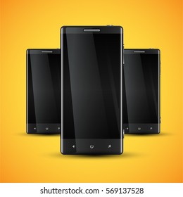 Three mobile phones in front of a yellow background, realistic vector illustration