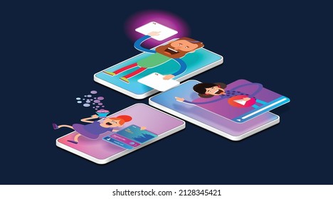 Tres teléfonos móviles en isometría con una interfaz de software y personajes de dibujos animados. Bandera de vectores