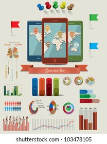 Three mobile phones with world map.Info graphic elements 2