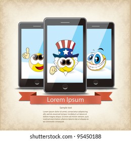Three mobile phones with world map.Info graphic elements