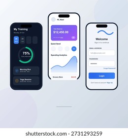 Three mobile screens display different functions. One shows fitness activity for the week. Another shows account balance and spending. The last screen prompts for login information.