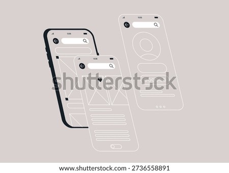 Three mobile screens display unique angles, emphasizing diverse user interface designs, These layouts invite exploration and highlight functionality for various apps and services.