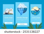 Three mobile screens present climate change themes pollution from factories, melting icebergs and marine life. Ideal for environmental education apps, climate change awareness, ecology campaigns