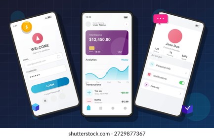 Three mobile screens show a banking app. The first screen has login details. The second shows account balance and transactions. The last screen displays user profile settings.