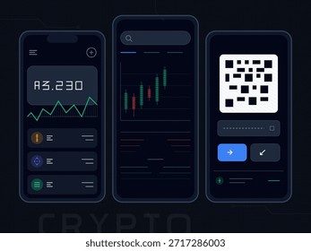 Tres pantallas móviles muestran diferentes vistas de los datos de criptomonedas. Una pantalla muestra un Precio, otra muestra un gráfico de acciones con movimiento y la tercera tiene un código QR para las transacciones.