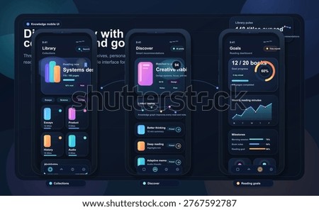 Three mobile screens show a user interface for a knowledge management app. Sections include library collections, discovery features, and goal tracking for reading.