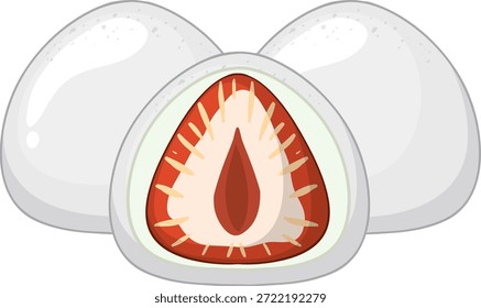 Tres postres de mochi, uno cortado para revelar el relleno de fresa, estilo de Vector limpio, colores suaves