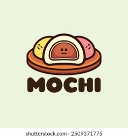 Três mochi com rostos sorridentes e personagens de desenhos animados de cor diferente e design de vetor de modelo de logotipo de ilustração de mascote bonito