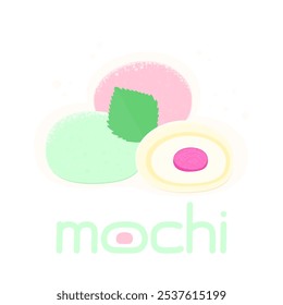 Three mochi sweets on white background with text.