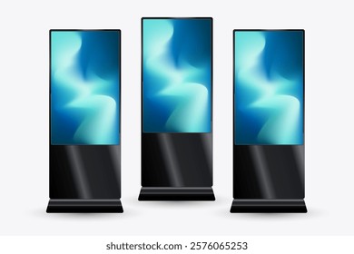 Three mock up of modern LED TV Screens with gradient blue screen. and three Vertical Led Displays for technology LED Screens Mockup in 3Ds. editable LED.