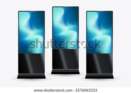 Three mock up of modern LED TV Screens with gradient blue screen. and three Vertical Led Displays for technology LED Screens Mockup in 3Ds. editable LED.