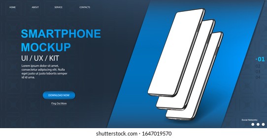 Three Mockups Of Smartphones With Blank Screens In In Perspective. Web Page Template For Presentation UI, UX, GUI. 3D Realistic Mobile Phones With Blank Display. Smartphone Generic Device. Vector