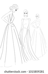 three models in couture dresses sketch