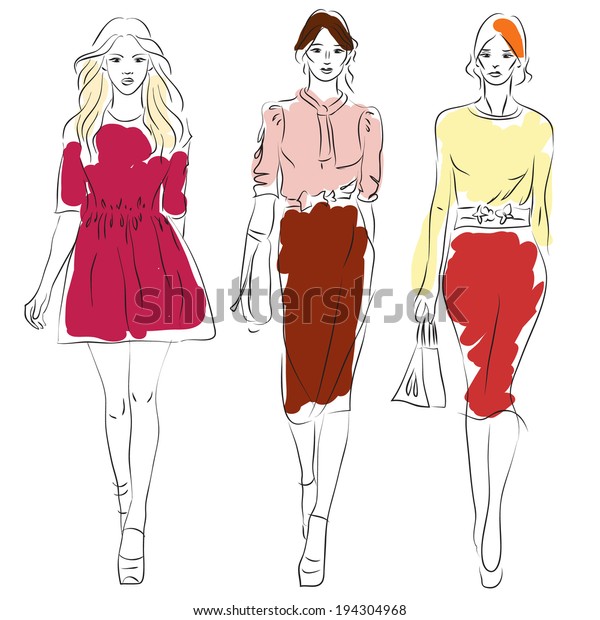 Three Models Girls Color Sketch Stock Vector (Royalty Free) 194304968 ...