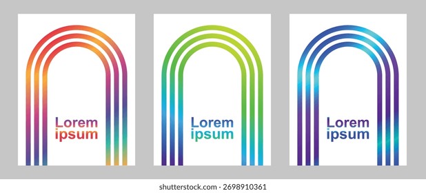 Drei moderne abstrakte Designs mit parallel gewölbten Linien mit lebendigen Farbverläufen, die einen dynamischen visuellen Effekt für zeitgenössische Hintergründe oder Cover-Kunst.