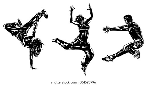 Three modern dancers silhouettes on white.