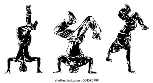 Three modern dancers silhouettes on white.