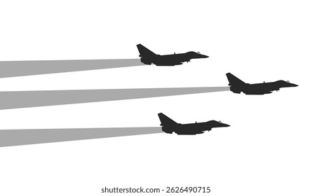 Three modern fighter jets flying in formation with shadow trails. Great for aviation, defense, or military-related projects