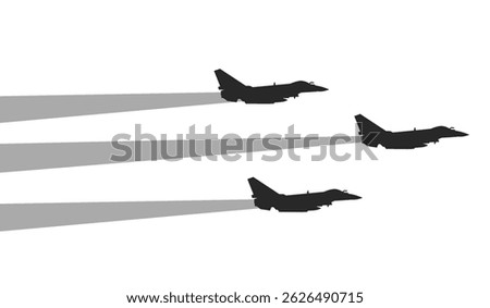 Three modern fighter jets flying in formation with shadow trails. Great for aviation, defense, or military-related projects