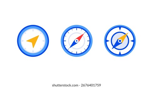 Three modern flat style compasses with blue accents for navigation and exploration